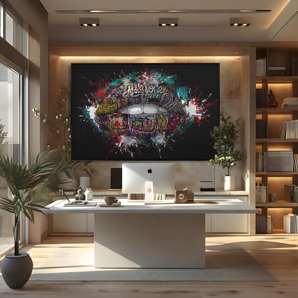 Tablou canvas cu tablou canvas cu buze grafitti, in rama de aluminiu negru, pe perete intr-un birou